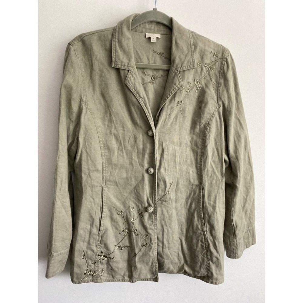 J. Jill Womens Linen Embroidered Button Front Jacket Size Medium Green Lightweig